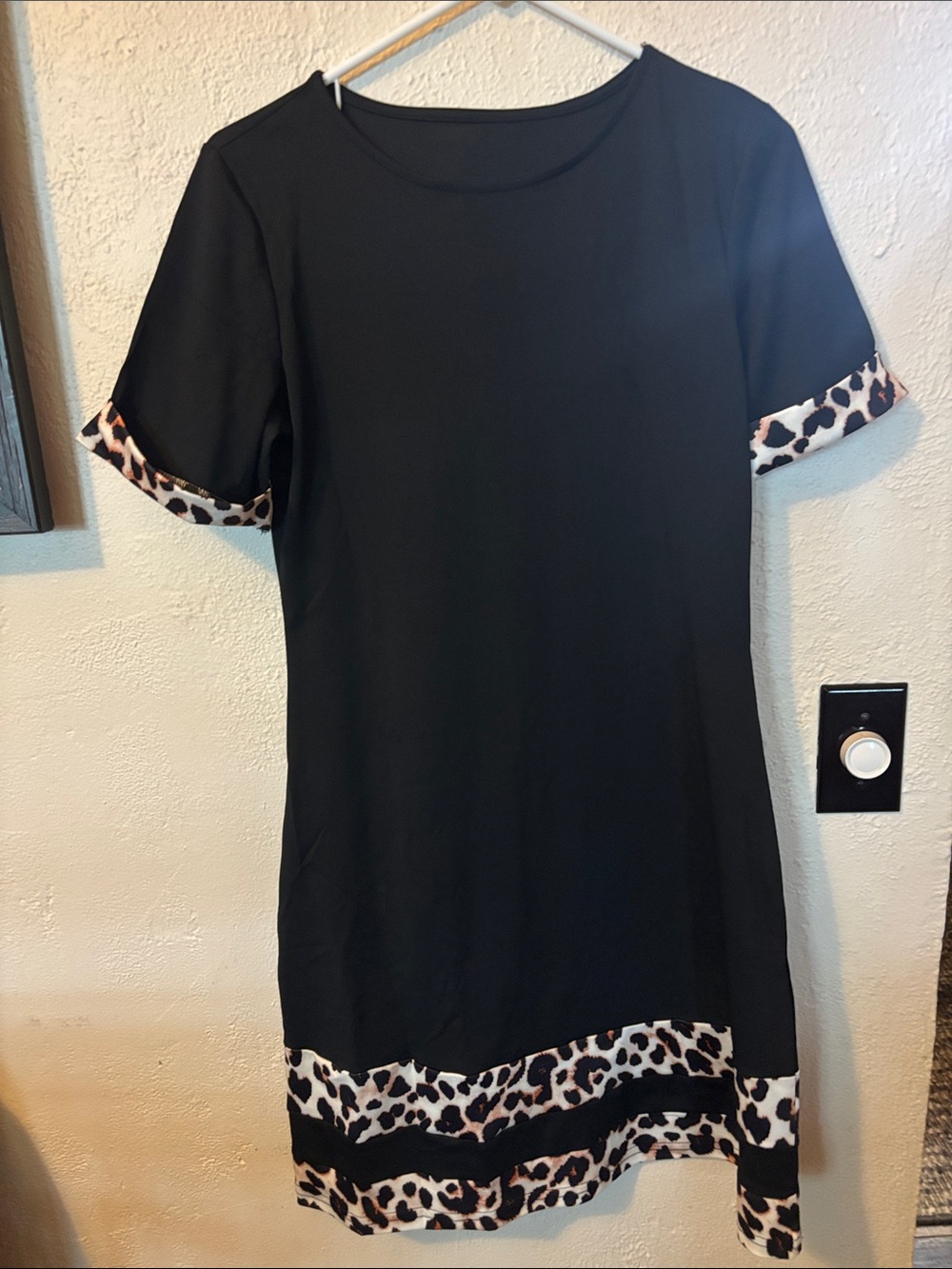 Black Short Sleeve Dress with Leopard Trim